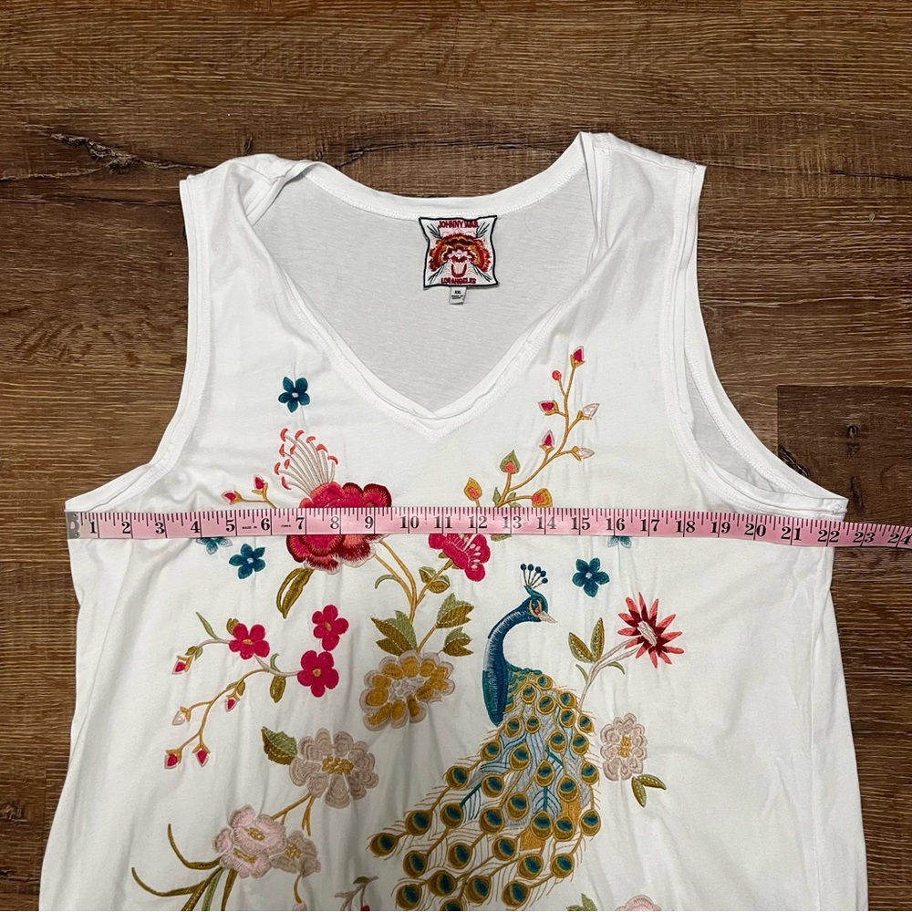 Johnny Was White Tank Top with Multicolor Floral & Peacock Embroidery - Picture 6 of 11